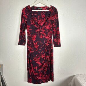 Lauren Ralph Lauren Red Purple Floral Print Faux Wrap Shift Dress Size 4 Stretch